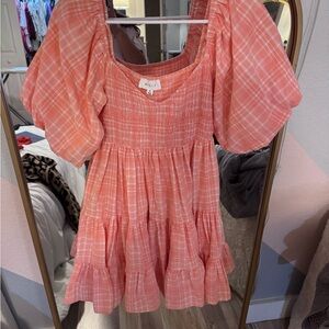 Coral Plaid Puff Sleeve Dress